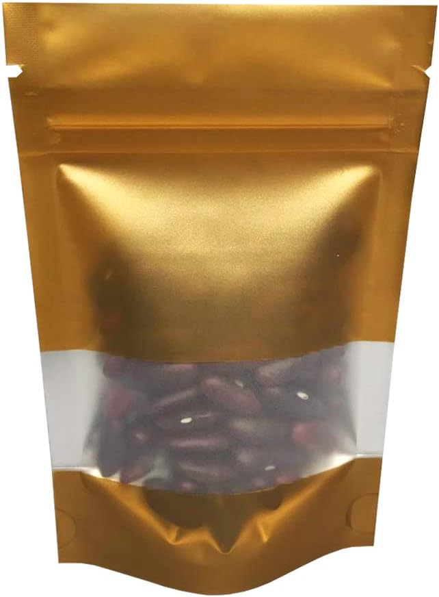 RIGHTPAK Window Gold Matt Stand Up Pouches 50 Pieces 8cm x 13cm with Resealable Zipper and Tear Notch for Food Packaging Heat Sealable pouch Bags