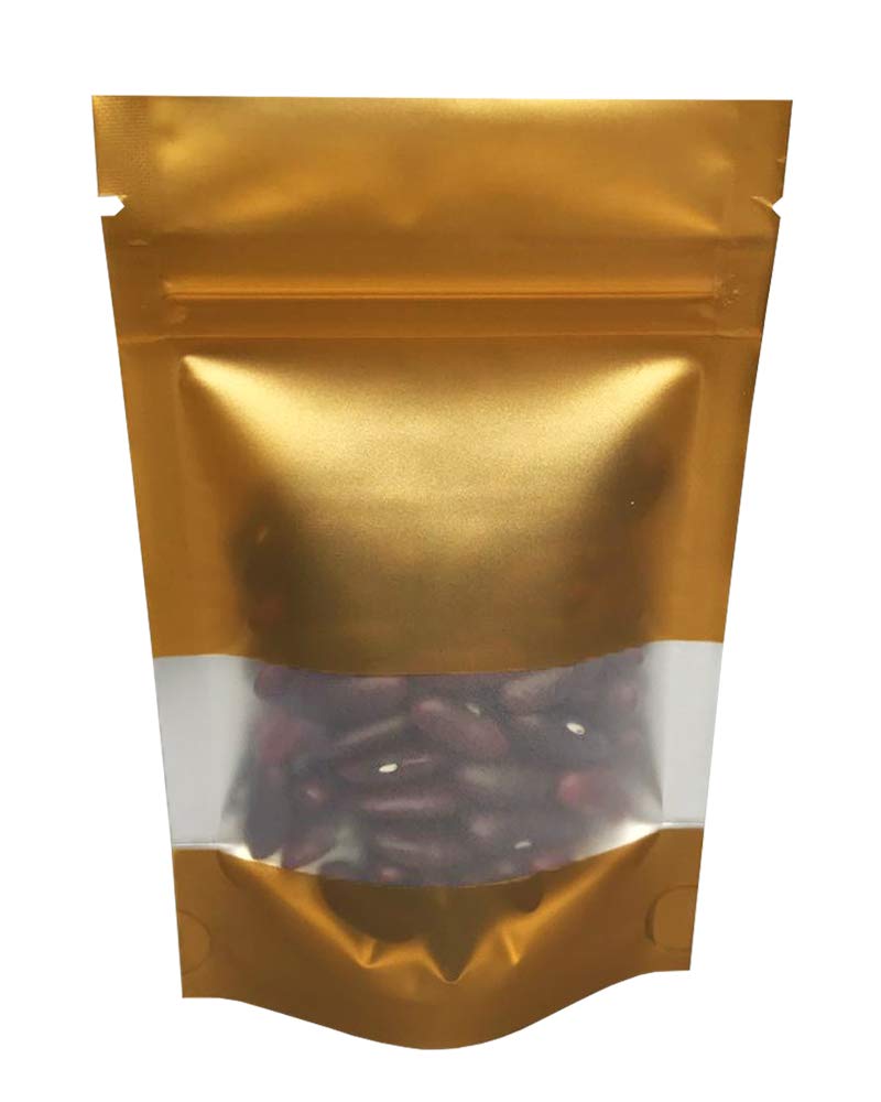 RIGHTPAK Window Gold Matt Stand Up Pouches 50 Pieces 8cm x 13cm with Resealable Zipper and Tear Notch For Food Packaging, Heat Sealable pouch Bags