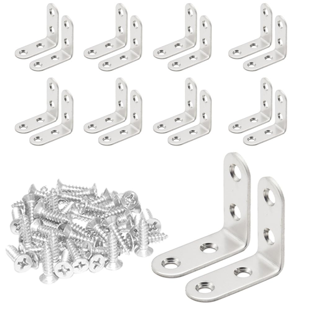Hocansen 20 PCS Corner Bracket 40x40mm L Right Angle Brackets with Screw Stainless Steel 90 Degree Angle Support Corner Brace Brackets Fastener for Tables Wood Furniture(40x40mm/JM)