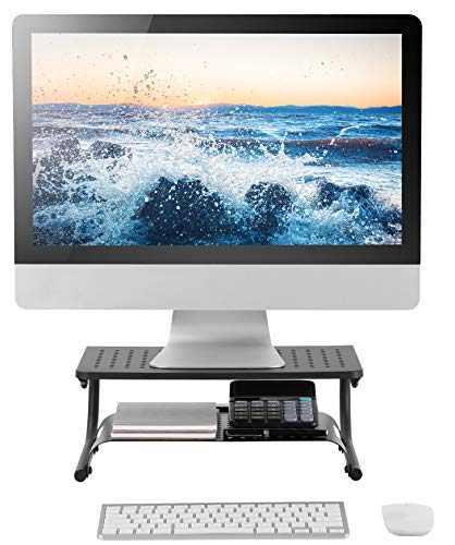 2 Pack- Two Tier, Double Decker Steel Monitor Stand with Rugged, Sturdy, Vibration Free Construction. Holds 50lbs, Laptop, Keyboard, Mouse, Organize Supplies. Vented Cooling. Attractive Black