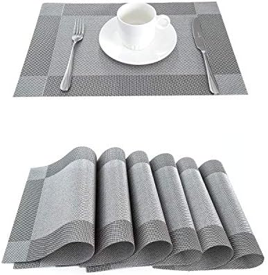 LIFONDER Heat-Resistant Placemats Stain Resistant Anti-Skid Washable PVC Table Mats Woven Vinyl Placemats, Set of 6 (Silver-Grey)