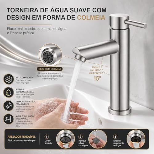 Torneira de Banheiro Luxo, Aço Inox Cromado, Quadrada 1/4 Volta, Bancada Alta, 305mm Altura