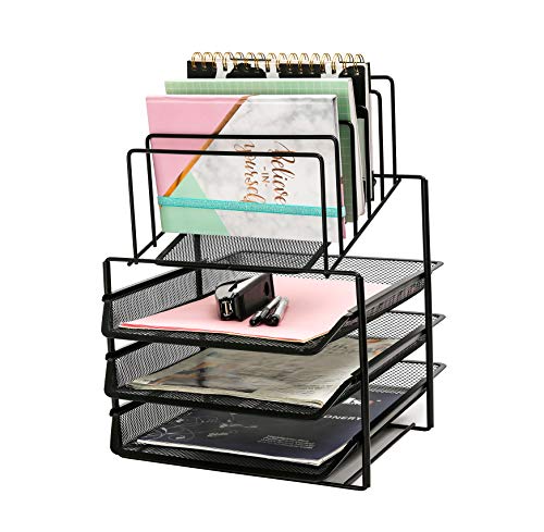Exerz Desk Organizer Wire Mesh 3 Layer Sliding Letter Trays with 5 Upright Sections/Dividers/Paper Sorter/Desk Multifunctional File Holder Filing Shelves for Office, School Black (EX2428-BLK)