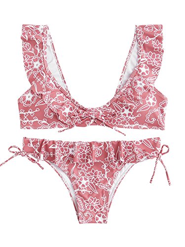 SOLYHUX Women's Flower Print Knot 2PCS Ruffle Strap Bikini Set Pink L - Thumbnail 6