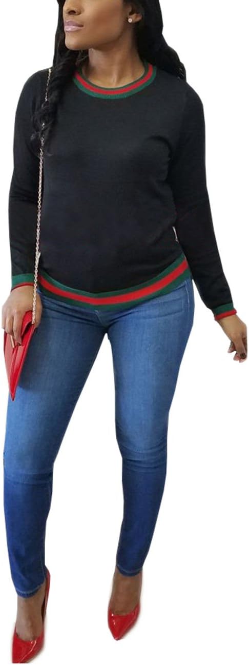Akmipoem Women's Ribbon Stripe Patchwork Long Sleeve Pullover Tops Sweatshirt