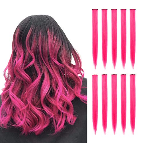 TOFAFA 22 inch Colored Hair Extensions straight Hairpiece,Multi-colors Party Highlights Clip in Synthetic Hair Extensions (10pcs Pink)