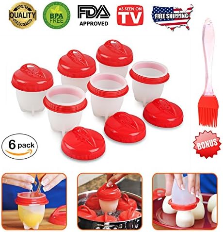 Newest Egglettes Silicone Egg Cooker - Set of 6 Egg Poacher with Pastry Brush, Easy Egg Cooking of No Shell Hard Boiled Eggs Poacher Boiler, Nonstick Poached Egglettes Egg Cooker AS SEEN ON TV