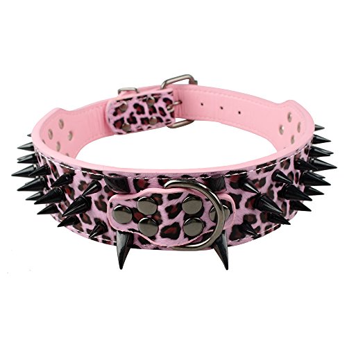 Beirui Sharp Spiked Studded Dog Collar - Stylish Leather Dog Collars - 2 Inch in Width Fit for Medium & Large Dogs - Such as Pitbull Mastiff - Black Rivets & Pink Leopard Leather,19-22"?