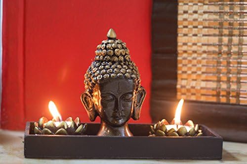 Buddha Head Sculpture Zen Garden Set W/ Lotus Tealight Candle Holders & Wooden Display Tray -by MeDecor