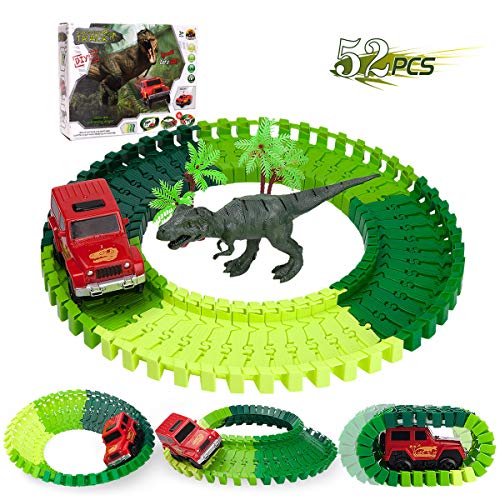 image for COGO MAN Dinosaur Track Race Car Toys, 52 PCS Flexible Train Track Ele