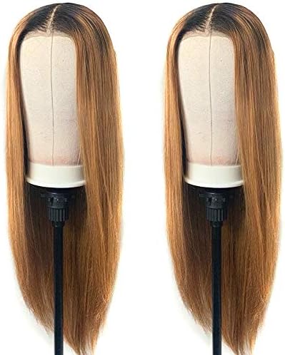 Andria Straight Hair Lace Front Wigs Dark Root Ombre Honey Blond Color Two Tone Synthetic Long Wigs Heat Resistant Fiber Hair for Black Women 24 Inch #1b/#27 Gold Wigs