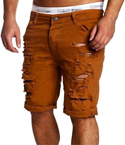 Men's Khaki Ripped Distressed Destroyed Denim Shorts Fit Zipper Jeans Short W36