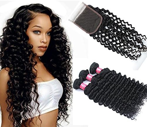 Longjia hair 7A Brazilian Deep Wave 3 Bundles with Closure Unprocessed Brazilian Virgin Hair With 4x4 Lace Closure Huma Hair Extensions (14 16 18 with 12)
