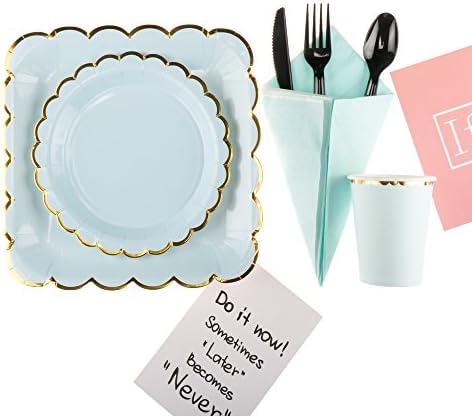 Blue Birthday Party Supplies Set, RiscaWin Party Set Supplies for 10, Paper Plates ,Paper Cups,Paper Straws,Napkins,Plastic Forks/ Knives/Spoon– Complete Party Pack (Blue)