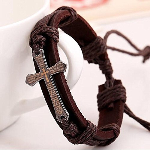 Brown Men's Genuine Leather Cross Charm Handmade Braid Cuff Wristband Bracelet Bangle