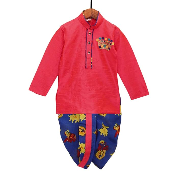 Kid1 By Hopscotch Boys Silk Animal Print Kurta With Dhoti In Peach Color