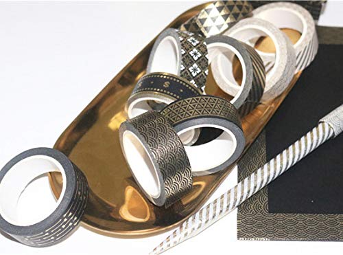 Yubbaex 10 Rolls Washi Tape Set Black Gold Foil Print Decorative Tapes for Arts, DIY Crafts, Bullet Journals, Planners, Scrapbook, Wrapping (15mm) - Thumbnail 4