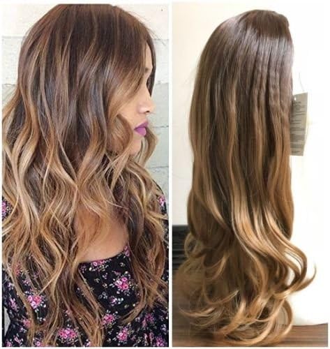 24 Inches Half Head Wig Long OMBRE 3/4 Weave Brown Blonde NO FRONT PARTING (Wavy-Chocolate brown to dark blonde) …