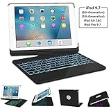 Keyboard Case for iPad 2017/2018 New iPad 9.7(5th, 6th), iPad pro 9.7, iPad Air, iPad Air 2, SENGBIRCH 7 Colors Backlit/Wireless Bluetooth/Folio Smart 360 Rotate/Auto Wake and Sleep, Black