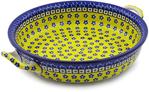 Click Here to See More Images Polish Pottery 11-inch Round Baker with Handles made by Ceramika Artystyczna (Sunburst Daisies Theme) + Certificate of Authenticity