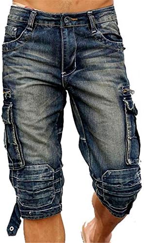 Summer Mens Retro Cargo Denim Shorts Vintage Acid Washed Faded Multi-Pockets Military Style Biker Short Jeans for Men