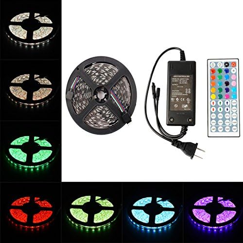 elcPark 5M/16.4FT RGB Changing Color LED Strip Light + DC 12V Power + 44keys IR Remote Controller led Kit SMD 5050 300LED Non-Waterproof for Decorate Party
