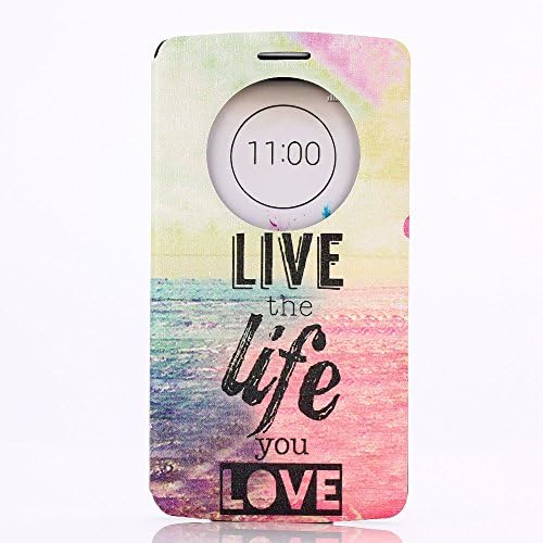 LG G3 Case, GOODTONY [Quick Circle Window] [Slim Fit] Premium [Cartoon Cute Printing] PU Leather Ultra Slim Flip Smart Cover for LG G3 (smile face) (Love Life Pattern)