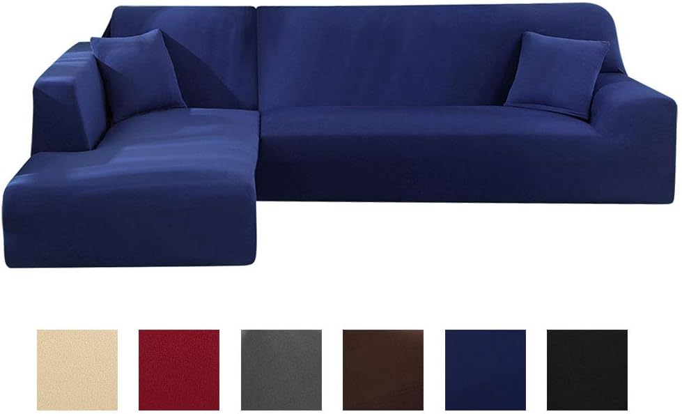 Corner Sofa Cover L Shape Stretch Sofa Slipcover Non-slip Soft Elastic Polyester Sectional Couch Covers Furniture Protector Navy blue for Pets Dogs (main sofa seat-2 seater+L shape seat 2 seater)