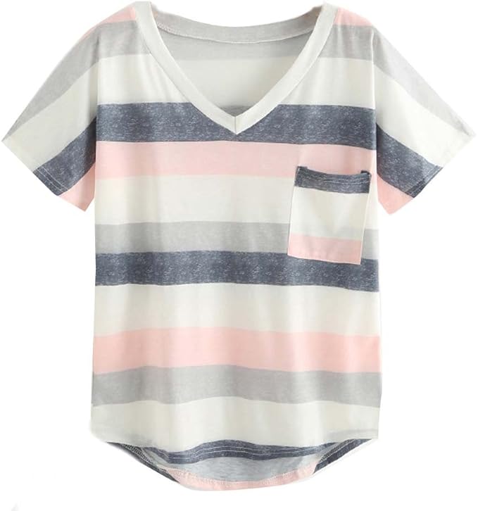 Amazon Kukiwaｔシャツ半袖レディース ストライプポケットvネックtシャツ カジュアル ロングtシャツ 半袖ゆたっり 大人かわいい Tシャツ レディース L ピンク Tシャツ カットソー 通販