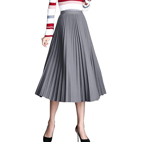 Amazon レディース ロングスカート ニット無地 プリーツ 膝丈 A