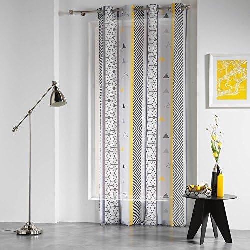Geometric Yellow Mix Eyelet Ring Top Voile Panel Print - Yellow and Grey (55" Wide x 95" Drop (140 x 240 cm))