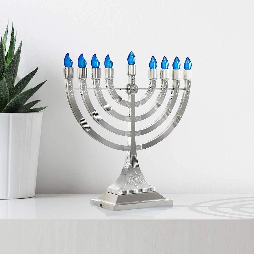 Zion Judaica LED Electric Hanukkah Menorah - Battery or USB Powered (Silver) - Batteries and Cable Not Included: Home & Kitchen