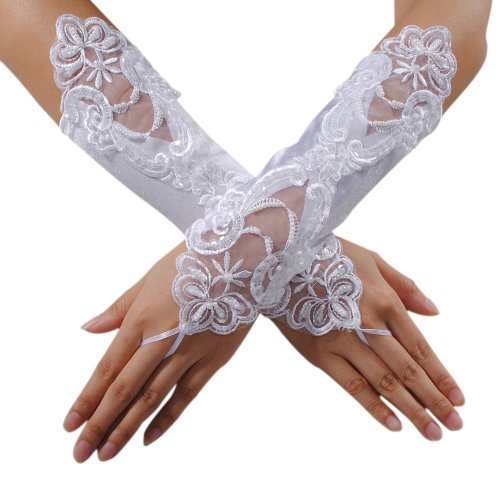 KINGSO Sexy Fingerless Pearl Lace Satin Gloves Bride Wedding Party Costume