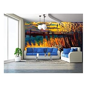 Original Oil Painting Showing Beautiful Lake,Sunset Landscape.Fern(Rush),Sky and Clouds - Removable Wall Mural | Self-Adhesive Large Wallpaper - 66x96 inches