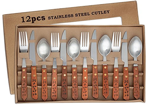 Western Country Style 12 Piece Flatware Stainless Steel Cutlery Set with Wood Handles - Brands Design