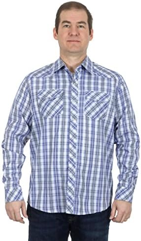 Mens Western Long Sleeve Pearl Snap Plaid Shirt (XXL, Blue/Gray)