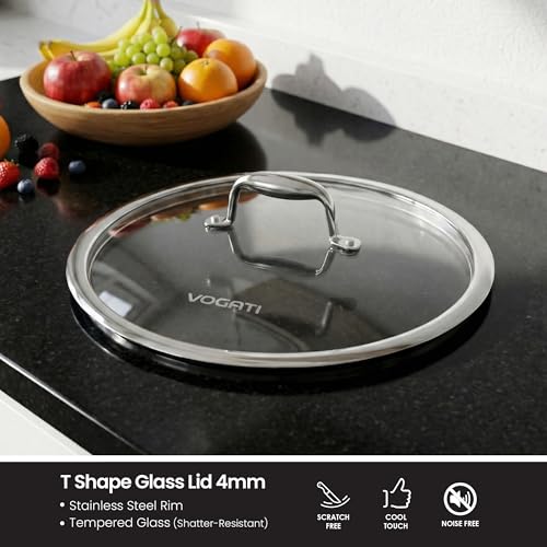 VOGATI FRY PAN 24CM TRY-PLY STAINLESS STEEL (3 LITRES) WITH GLASS LID -WELDED HANDLE-INDUCTION COMPATIBLE COVERED PAN-SHALLOW CASSEROLE - (100% PFOA FREE) (3 Litres)