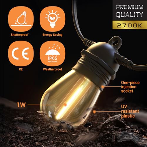Quntis Outdoor LED Light Chain 31M/102FT Outdoor Garden Lights with 30 + 2 S14 Bulbs IP65 Waterproof Connectable Outdoor Lights for Gazebo Terrace Balcony Party Courtyard Warm White