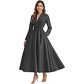 Xuzey Long Sleeve Satin Mother of The Bride Dresses for Women Tea Length Mother of The Groom Dresses with Pockets Belt