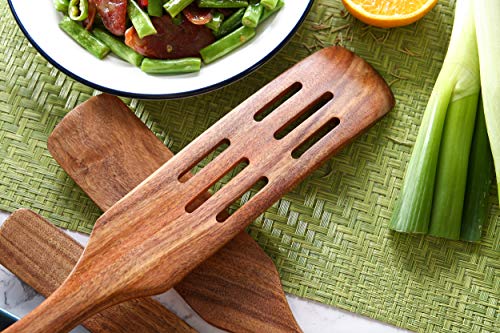 As Seen on TV，5PCS Wooden Spurtles Set, Non-Stick Natural teak Wood Spatula Kitchen Utensils Tools with Hanging Hole Slotted Stirring Spatula Wooden Spoons for Non Stick Cookware and Pan