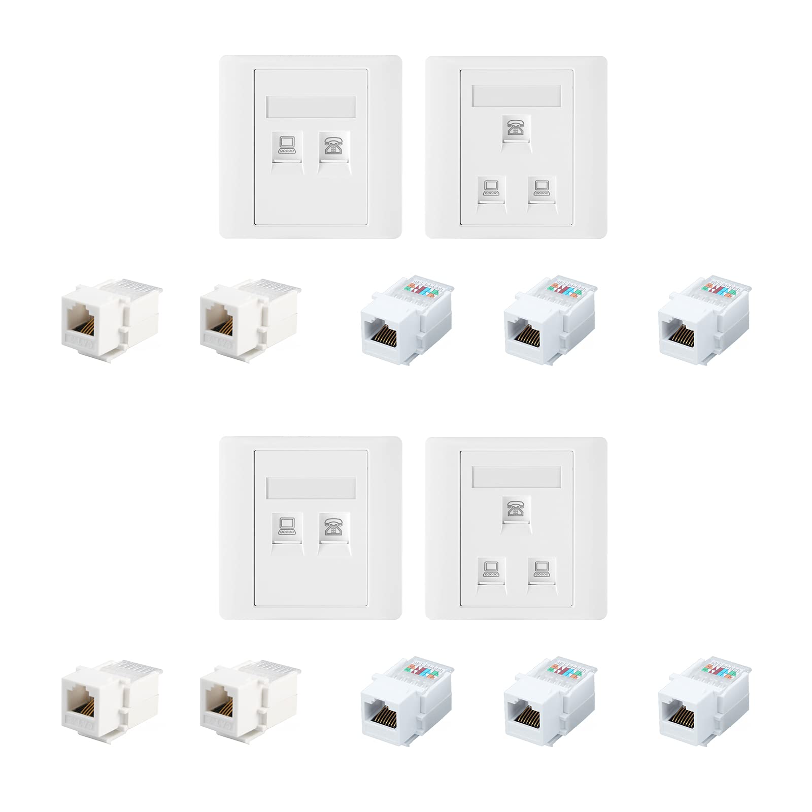 14 Pcs RJ45 White Socket Network Double Port Flat Face Wall Plate Ethernet Connector End for Ethernet Cable Networking