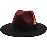 BUDUBIBI Fedora Hat for Men and Women, Classic Woolen Adjustable Felt Panama Hat with Feather Wide Brim Gradient Jazz Cap