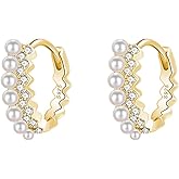 SLUYNZ Sterling Silver CZ Pearls Huggie Hoop Earrings for Women Pearls Hoop Earrings Huggie Wedding