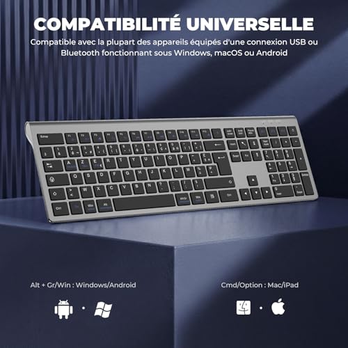 cimetech Wireless Rechargeable Bluetooth Keyboard Silent Ultra-Slim French AZERTY Keyboard with Numeric Pad for MacOS/iOS/Android/Windows/PC/Computer/Laptop/Laptop - Grey Black