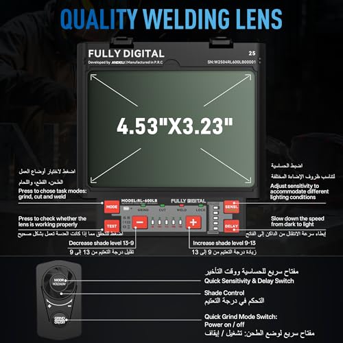 ANDELI Welding Helmet - Panoramic 180° View 4.53"X3.23",1/1/1/2 True Color Solar Powered Welder Hood，Wide Shade Welder Mask for TIG MIG ARC Cut and Grind，OPTIM-600LB-TGB (OPTIM-600LB-TGB)