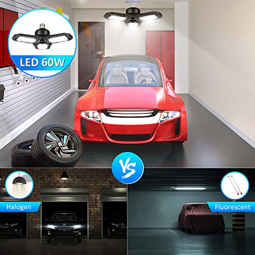 Gyrategirl LED Garage Lights, 60W Deformable Triple Glow Garage Lighting with 3 Adjustable LED Panels, E26 E27 Ceiling Light Led Shop Lights for Garage Warehouse Basement Workshop Outdoor and Yard