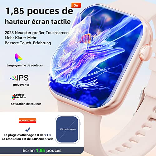 Montre Connectée Homme Femme avec Appels Bluetooth,1.85\'\' Sports Smartwatch Moniteur de Sommeil/Fréquence Cardiaque Tension Artérielle,IP68 étanche Montre Intelligente Connecté pour Android iOS
