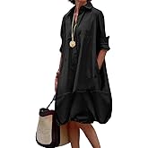 UOOZEE Women's Long Sleeve Button Up Shirt Dresses Casual Loose Fit Spring Midi Dress with Pockets