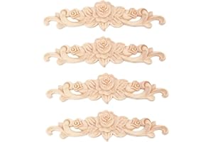 Beoot 4PCS Wood Carved Applique Onlay Unpainted Corner Onlay Applique Door Cabinet Rose Unpainted European Style (20x5cm/7.87x1.97inch)