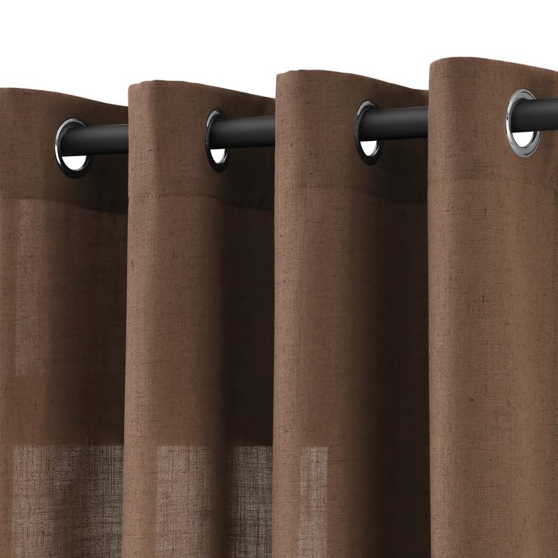 Jowels Caramel Brown Linen Curtains 108 Inch Length 2 Panels for Living Room Bedroom, Light Filtering Sheer Curtains 108 Inches, Modern Farmhouse Grommet Semi Sheer Soft Privacy Drapes Image